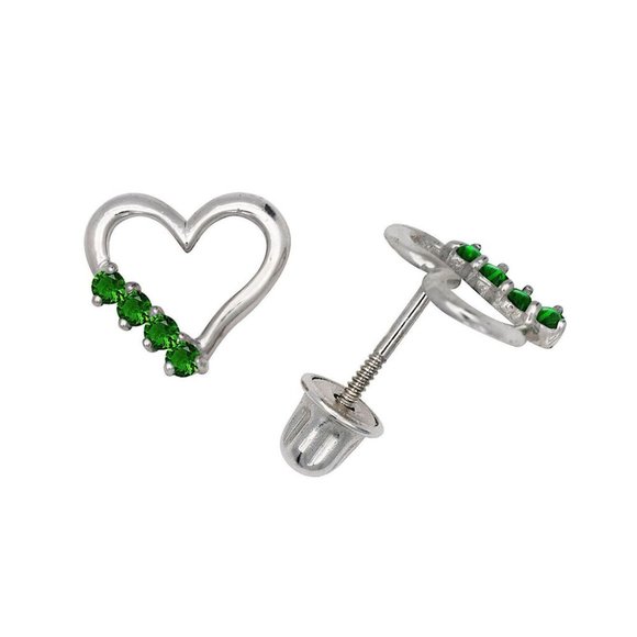 14K Solid White Gold Open Heart Love Screw Back Earrings Set With Birthstones - Picture 4 of 7